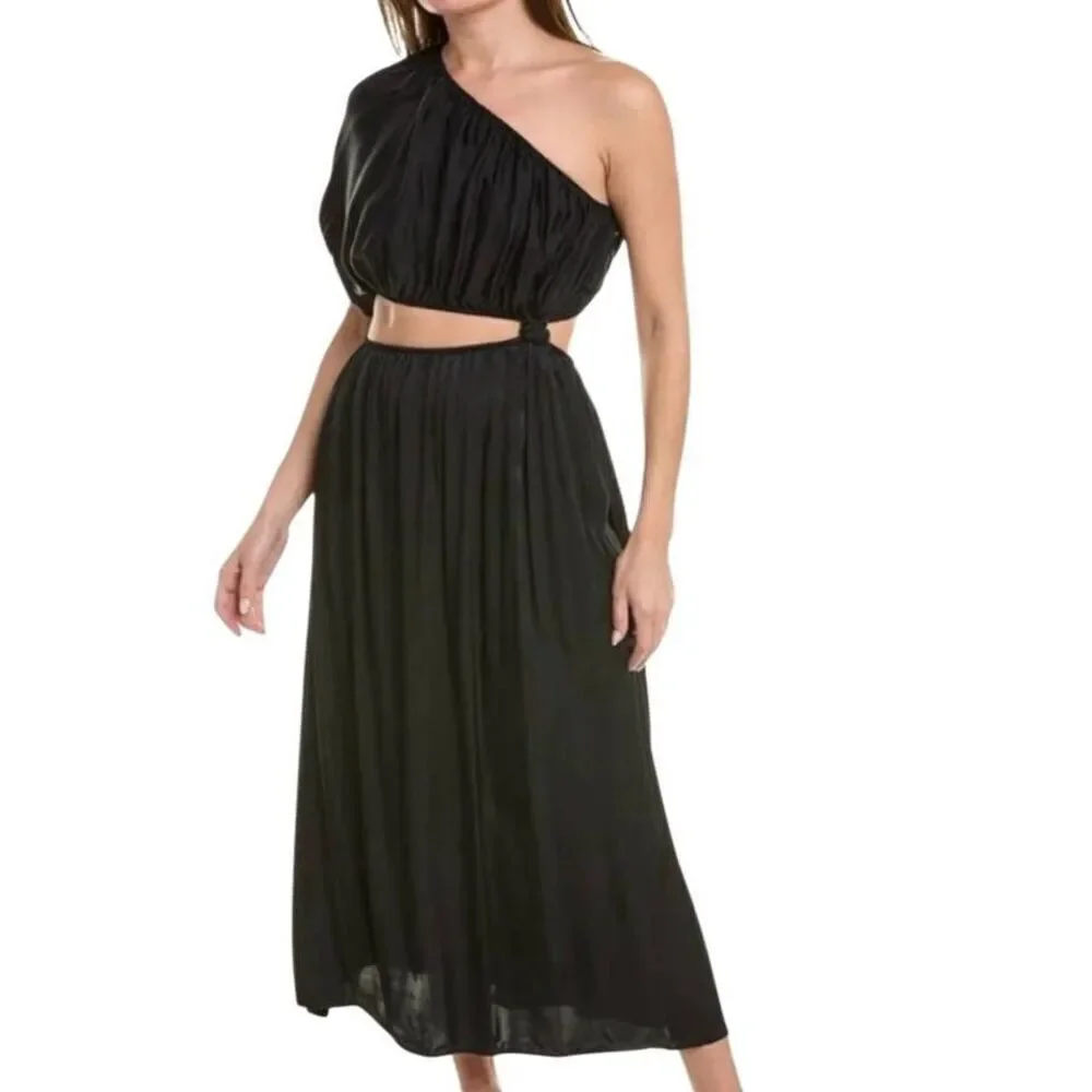 NWT Farm Rio Dress Women's Medium Black One Shoulder Midi Satin Ecovera - Picture 2 of 7